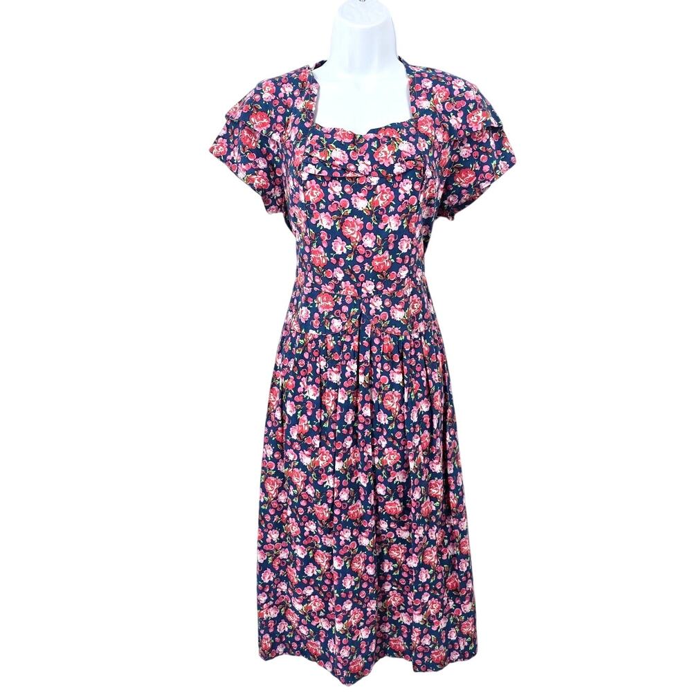 April Cornell Cottagecore Floral Midi Dress Pink Blue Rose Print Pockets M 2010s